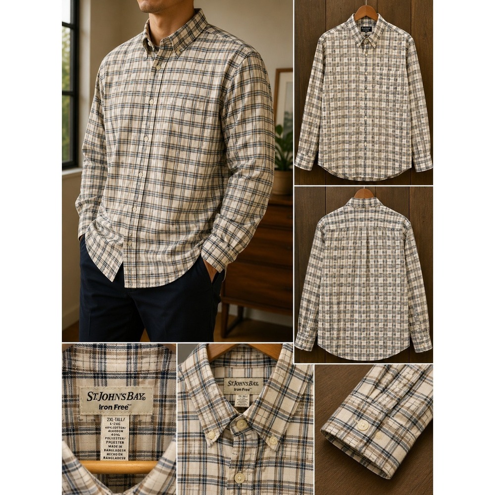 St. John's Bay Iron Free Men's 2XLT Beige Plaid Long Sleeve Button Down Shirt...